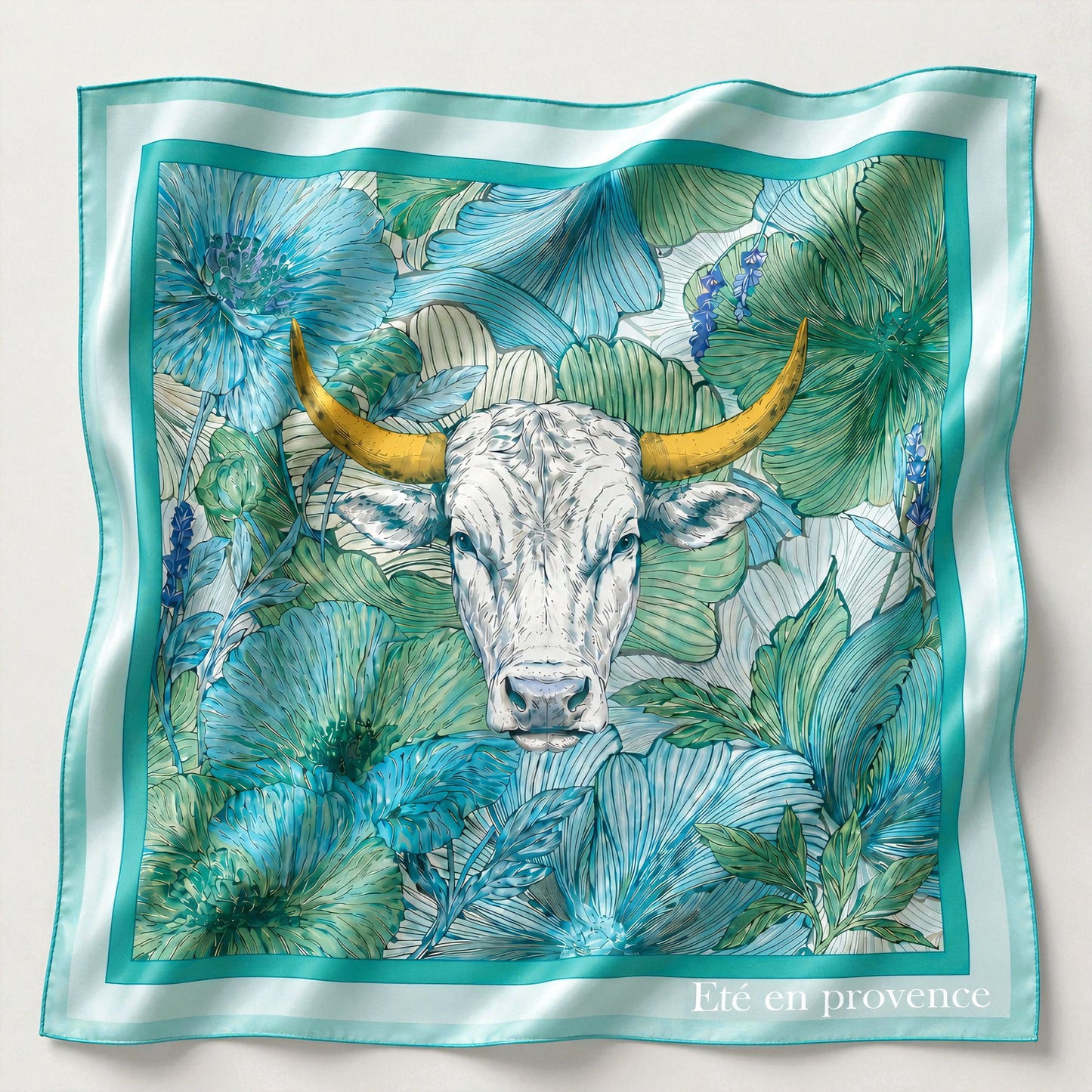 Carré en soie tête de taureau Turquoise